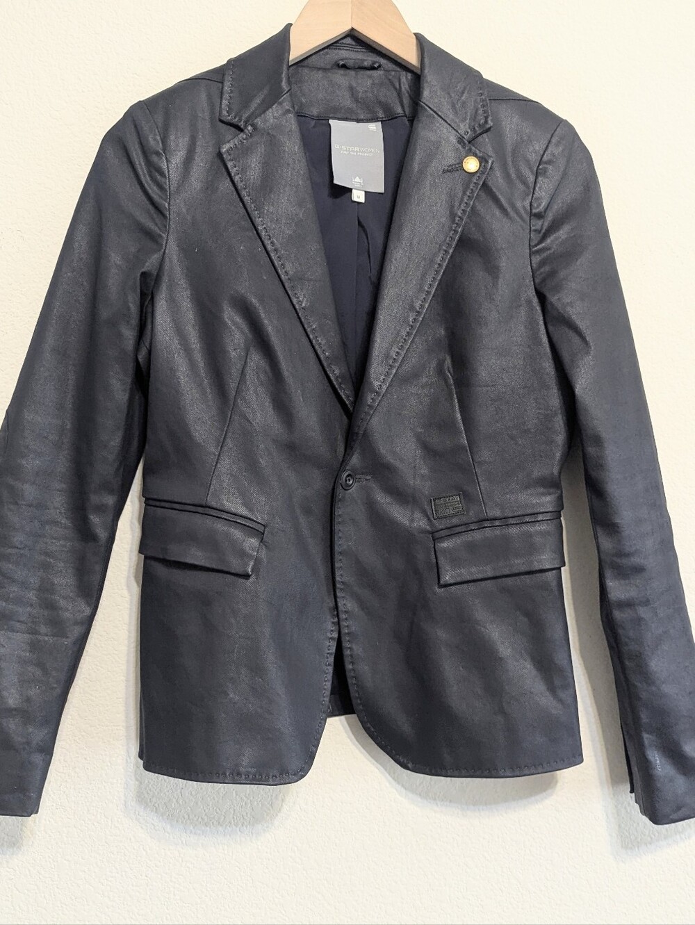 Gstar Raw Denim Women’s Onymia Navy Blue Blazer Waxed Look Cotton Size Medium